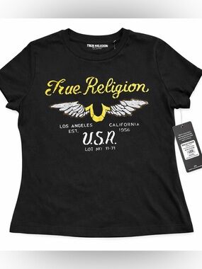 True Religion Rhinestone Logo Tee Large Black Y2K Graphic USA Wings Shirt